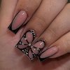 Black Press on Nails Short Square Fake Nails French Tip False Nails with Butterfly Design Glue on Nails Full Cover Acrylic Artificial Nails Rhinestone Glossy Stick on Nails for Women Nails Decorations