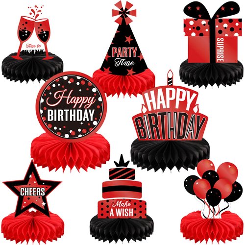 8 Pieces Red and Black Birthday Party Honeycomb Centerpieces Red Black Table Centerpieces Decorations Red Table Centerpiece Sign for Kids Adults Party Supplies