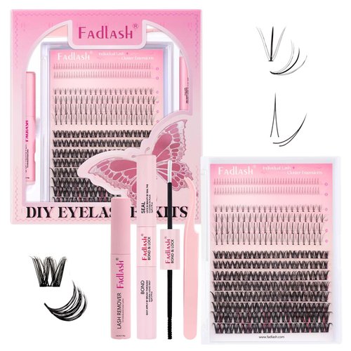 FADLASH Lash Clusters Kit Natural Individual Lash Extensions Multi-type with DIY Wispy Faux Mink Lash Tray,7D Spike, Bottom Cluster Lashes with Bond and Seal and Remover Lash Tweezer for Self Use