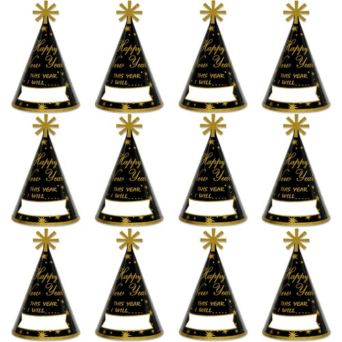 KALEFO 12PCS New Years Eve Party Supplies 2025 Gold Glitter Happy New Year's Eve Party Favor Cone Hats for Count Down Party