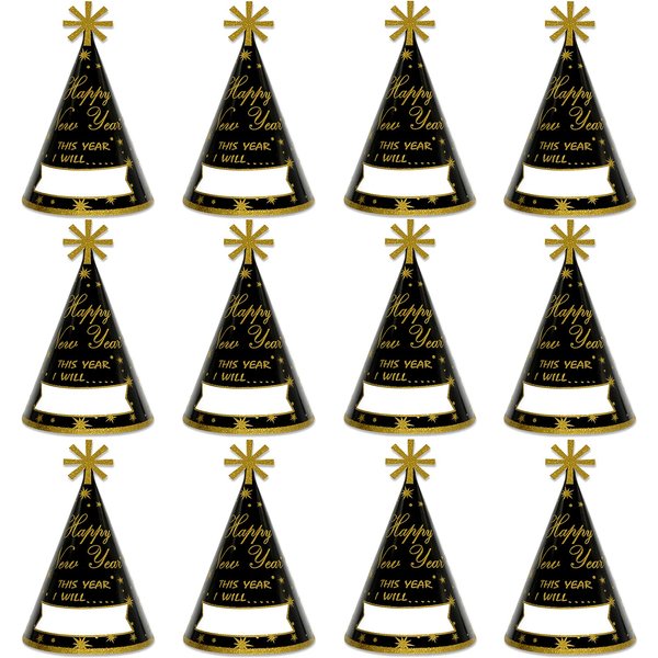 KALEFO 12PCS New Years Eve Party Supplies 2025 Gold Glitter Happy New Year's Eve Party Favor Cone Hats for Count Down Party