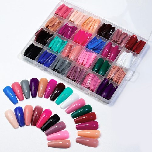 CHANGAR 576PCS Coffin Press on Nails Long Square False Nails 24 Solid Color Acrylic Glossy False ...