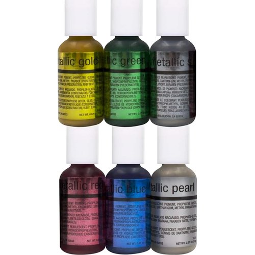 Chefmaster 6-Bottle Set of Metallic Airbrush Food Coloring, Rich Colors, Edible Glitter, Professional-Grade Dye for Icing, Frosting, Fondant, Chocolate, Made in USA, 0.67 oz Each