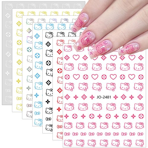 7 Sheets Cute Cartoon Nail Art Stickers Self-Adhesive 3D Nail Stickers Kawaii Nail Art Supplies Gold Silver Black White Pink Star Cat Nail Art Design Stickers Cute Nail Decals for Women Girls