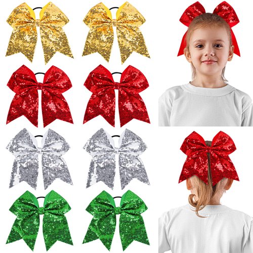 Whaline 8Pcs Christmas Cheer Hair Bows Sparkly Red Gold Silver Green Sequin Bowknot Christmas Ponytail Holder Cheerleader Decor Accessories for Women Christmas Birthday Sports Party Favor Gift