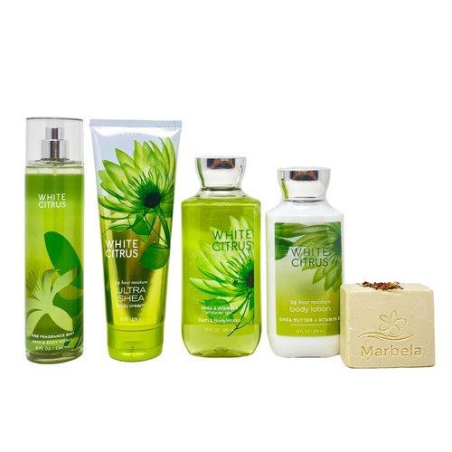 Bath & Body Works White Citrus Deluxe Gift Set - Fragrance Mist - Body Cream - Shower Gel - Body Lotion - with a Creamy Rose Bar Soap