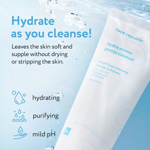 Face Republic Hydro Derma Gentle Cleanser 100ml 3.38 fl oz | Extra Gentle Foam | Ceramide NP, Hyaluronic Acids, Panthenol | Soft, Supple Skin |For Sensitive Skin | Vegan Korean Skin Care