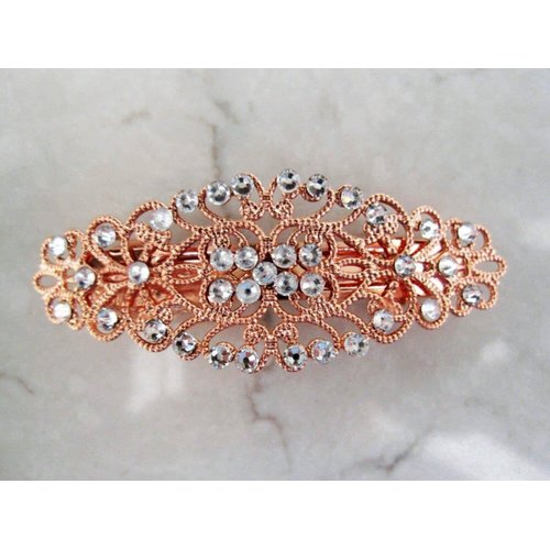 Generic Antique silver or rose gold crystal hair clip clamp barrettes bridal (Crystal option: No crystals, Primary color: Rose gold/copper)