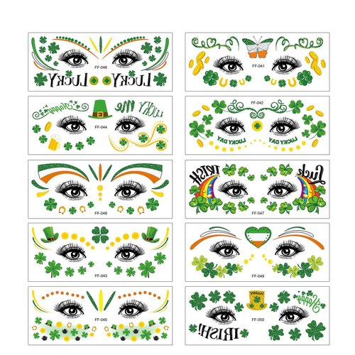 Ursumy 10 Pcs St. Patrick Day Face Tattoo Irish luminous Temporary Tattoos St Patrick's Day Accessories clover Tattoo Sticker (Face Tattoo)