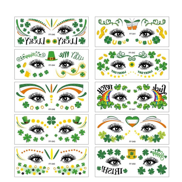 Ursumy 10 Pcs St. Patrick Day Face Tattoo Irish luminous Temporary Tattoos St Patrick's Day Accessories clover Tattoo Sticker (Face Tattoo)