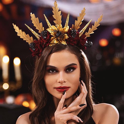 Campsis Halloween Skull Headband Feather Day of the Dead Flower Crown Tiara Spider Mexican Rose H...