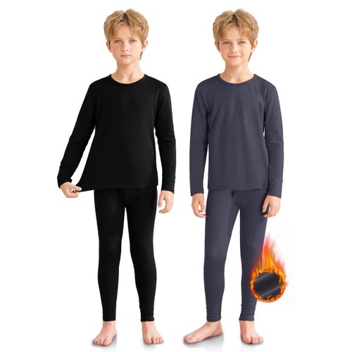 VZV 2 Set Thermal Underwear for Kids, Boys Long Sleeve Underwear Set Fleece Lined Base Layer Thermals Top and Bottom Set