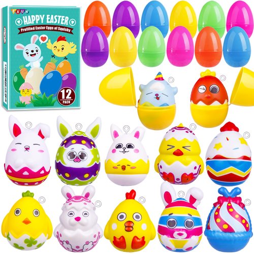 Exun 12 Pack Easter Eggs Filled with Squishy Toy - Mini Squishies Eggs Bunny Toys Inside for Easter Eggs Hunt, Easter Basket Stuffers/Fillers, Filling Treats, Party Favor, Classroom Prize Supplies