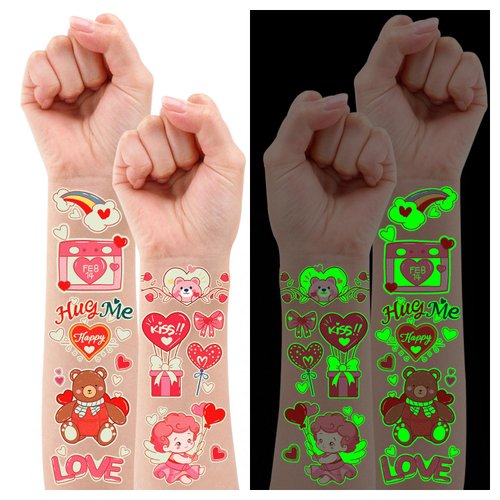 Partywind Glow Valentines Party Supplies for Kids Temporary Tattoos, Heart Love Fake Tattoo Stickers for Boys Girls Exchange Goodie Bag Stuffers, Luminous Valentine's Day Decorations Accessories