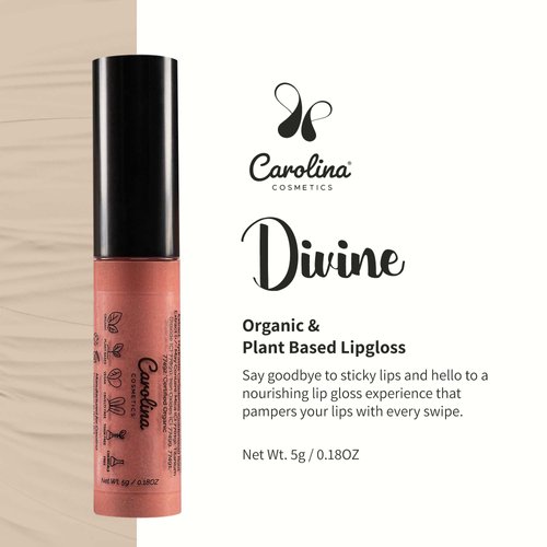 Carolina COSMETICS - Plant-Based Non-Sticky Lip Gloss (Divine) - Hydrating & Nourishing with Sunflower Seed Oil, Cacao & Grape Seed Oil - Gluten-Free, Vegan, Non-GMO, Paraben-Free - 5g/0.18oz