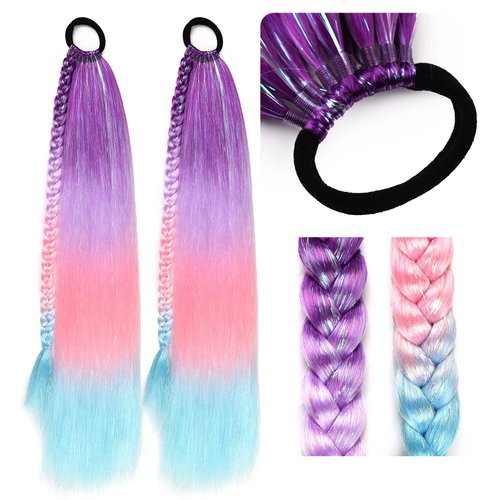 Ponytail Extension With Hair Tie 26 inch Festival Colored Hair Extensions Ponytail Colorful Tinsel Mixed Crazy Hair Day Ombre Ponytail Hair Extensions for Rave Braids 2 Packs