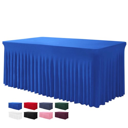 BDDC Table Skirts for Rectangle Tables 8ft - One-Piece Royal Blue Table Covers for 8 Foot Tables, Wrinkle Resistant Ruffles Elastic Table Cover and Table Skirt for Banquets, Parties