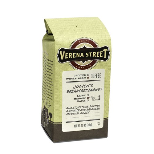 Verena Street 12 Ounce Whole Bean Coffee, Medium Roast, Julien's Breakfast Blend, Rainforest Alliance Certified Arabica Coffee