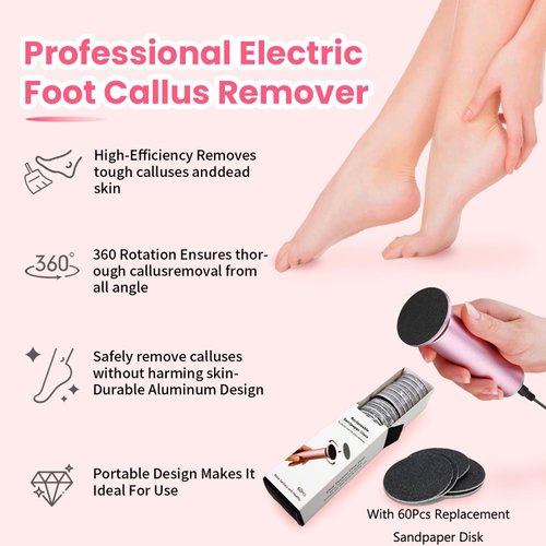 Electric Foot Callus Remover, Powerful Pain-Free Electric Foot File Callus Remover for Feet Professional with 60pcs Sanding Discs, Adjustable Speed Electric Foot File for Feet Dead Skin