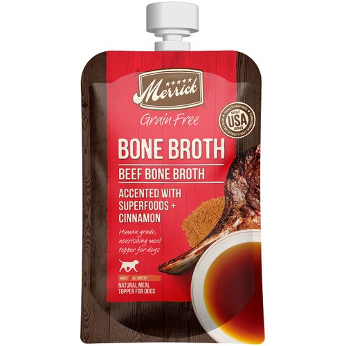 Merrick Grain Free Bone Broth, Premium Human Grade And Gluten Free Dog And Cat Food Topper Pouches, Beef - 7 oz. Pouch