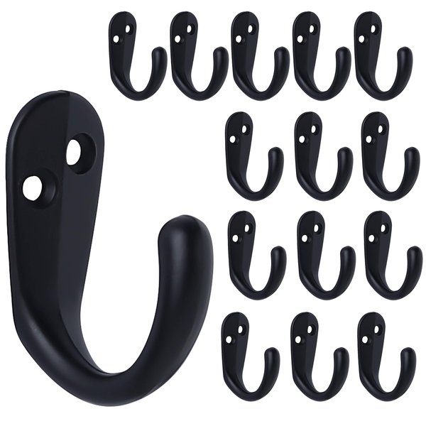 IBosins 15PCS Coat Hooks Wall Mounted Single Prong Robe Hook for Hanging Towel Hooks with 30 Screws for Bags, Hat, Cap, Scarf, Cup (Black)