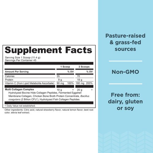 Ancient Nutrition Collagen Powder Protein, Multi Collagen Protein Powder, Strawberry Lemonade, 45 Servings, w/Vitamin C, Hydrolyzed Collagen Peptides for Skin, Nails, Gut Health and Joints, 18.1oz