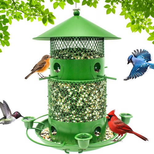 GAINSEN Metal Bird Feeder for Outside, Squirrel Proof Wild Bird Feeders for Outdoor Hanging, 4Lb Capacity Seed Bird Feeder for Cardinal, Finch, Blue Jay, 2-Tier Perch, 8 Feeding Port, Easy to Fill