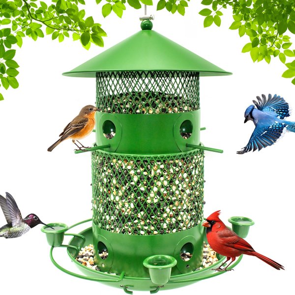 GAINSEN Metal Bird Feeder for Outside, Squirrel Proof Wild Bird Feeders for Outdoor Hanging, 4Lb Capacity Seed Bird Feeder for Cardinal, Finch, Blue Jay, 2-Tier Perch, 8 Feeding Port, Easy to Fill