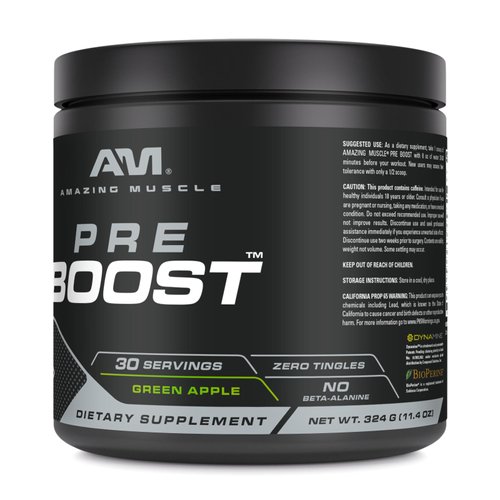 Amazing Muscle Pre Boost | 30 Servings | 324 Grams Powder | Pre Workout Supplement | Made in USA (30 Servings, Natural Green Apple)