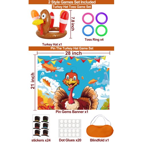 AMENON Thanksgiving Games -Thanksgiving Turkey Inflatable Ring Toss Games & Thanksgiving Pin Game Thanksgiving Toys Family Adult Fall Carnival Party Games Thanksgiving Party Favors Supplies