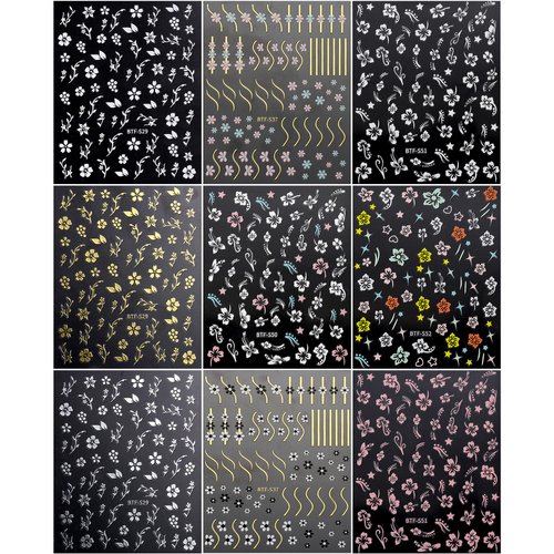 JMEOWIO 9 Sheets Spring Flower Nail Art Stickers Decals Self-Adhesive Pegatinas Uñas Colorful Summer Floral White Pink Nail Supplies Nail Art Design Decoration Accessories