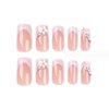 Foccna 3D Flower Fake Nails Square Pink French Press on Nails Long Bling Glossy Rhinestone False Nail Tips Artificial Nails Finger Manicure for Women and Girls 24pcs