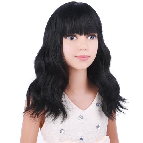 PATTNIUM Black Wig Kids Child Wig Shoulder Length Wig Black Wavy Wig with Bangs Shoulder Length Black Wig Heat Resistant Synthetic Girls Wig Daily Wear Wig (Black)