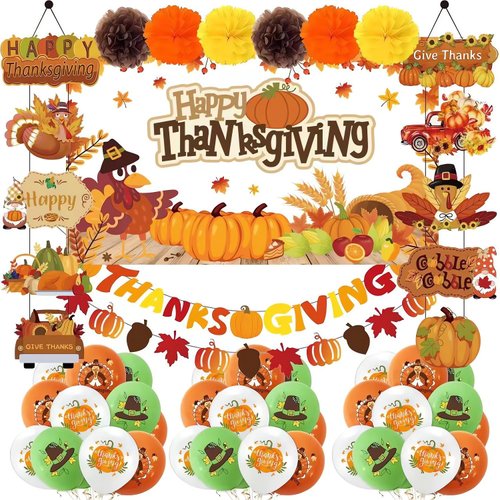 Thanksgiving Party Decorations with Happy Thanksgiving Backdrop, Banner, Balloons, Thanksgiving Indoor Outdoor Porch Door Sign for Home Party Wall Autumn Decor Fall Friendsgiving Decorations