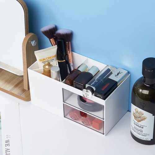 LETURE Office Desk Organizer with drawer, Office Supplies and Desk Accessories, Business Card/Pen/Pencil/Mobile Phone/Stationery Holder Storage Box (White)