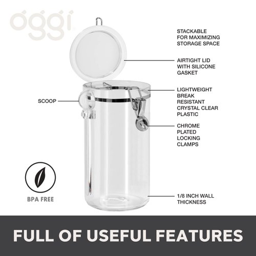 Oggi Clear Canister Airtight 72oz - Clamp Lid & Spoon - Airtight Food Storage Container, for Kitchen & Pantry Storage of Bulk, Dry Foods, Pasta, Flour, Sugar, Coffee, Rice, Tea, Spices & Herbs