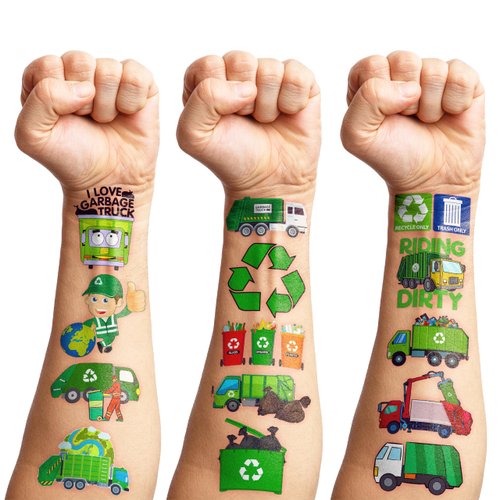 8 Sheets (96PCS) Garbage Truck Temporary Tattoos Themed Birthday Party Supplies Favors Decorations Stickers for Kids Gifts Classroom School Prizes Rewards