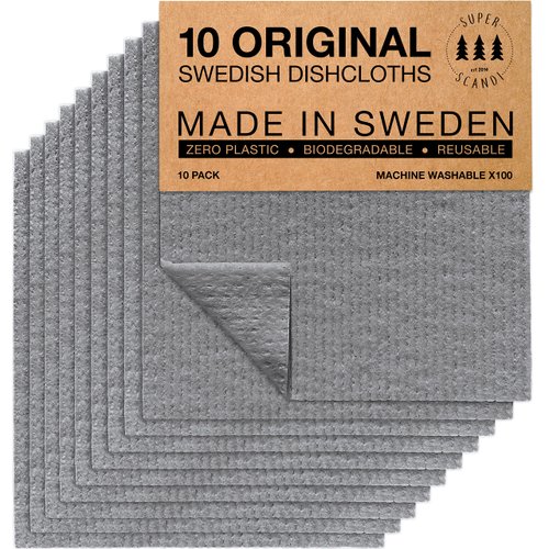 SUPERSCANDI Swedish Dishcloths for Kitchen Grey 10 Pack Reusable Compostable Kitchen Cloth Made in Sweden Cellulose Sponge Swedish Dish Cloths for Washing Dishes Reusable Paper Towels Washable