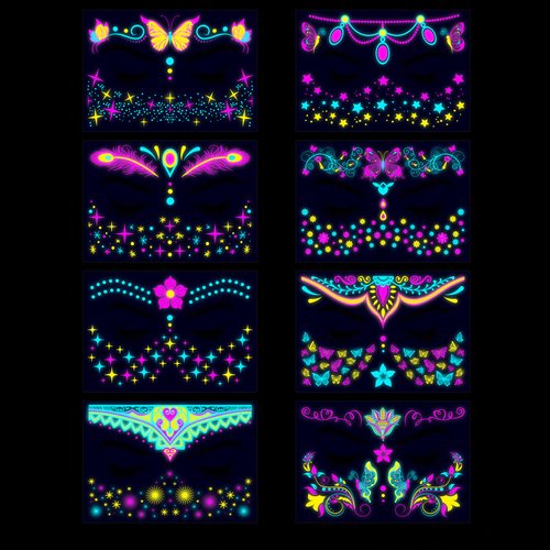 Glow in The Dark Tattoos Stickers, Fake Face Temporary Tattoos Makeup UV Neon Floral Body Paint Tattoo Stickers Decorations for Adults Women Festival Bar Party Supplies 8PCS
