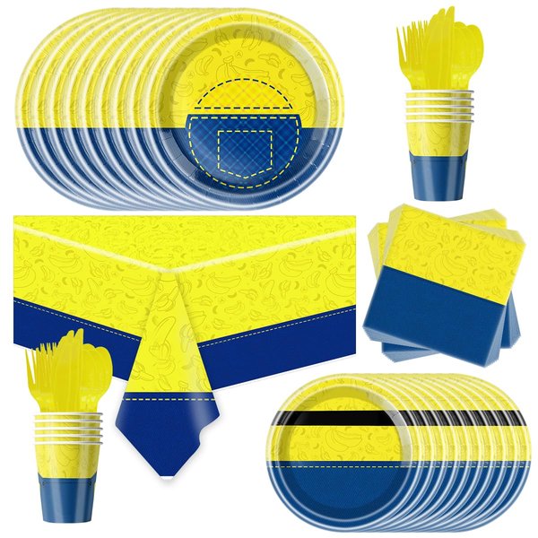 81Pcs Yellow Cartoon Party Tableware Set,Yellow Cartoon Party Decoration,Yellow Cartoon Birthday Party Supplies