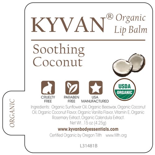 KYVAN KYVAN Soothing Coconut Lip Balm - 3 Pack, USDA Certified Organic, Paraben Free, .15 oz each