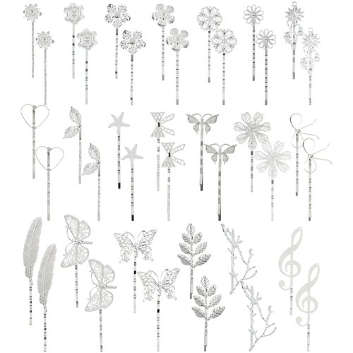 Lawie Vintage Retro Butterfly Flower Silver Metal Hair Accessories: 40 Pack Cute Decorative Bobby Pins, Barrettes, Hair Clips, & Fine Hair Holders for Women & Girls