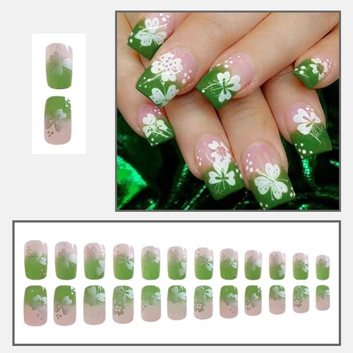 24 Pcs St. Patrick's Day Press on Nails Green Fake Nails Medium Full Cover False Nails with Shamrock Designs French Nail Tips Glossy Acrylic Glue on Nails Patrick’s Day Stick on Nails for Women
