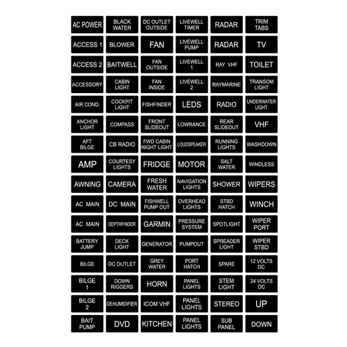 BLACK Marine Boat Dash Board Switch Instrument Panel Decal Sticker Labels Sheet Light Switch Fuse Description button Boating Fishing Horn GPS LEDS motor CD Radio Blower Fan Port