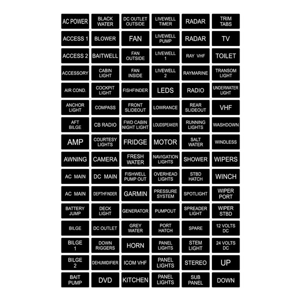 BLACK Marine Boat Dash Board Switch Instrument Panel Decal Sticker Labels Sheet Light Switch Fuse Description button Boating Fishing Horn GPS LEDS motor CD Radio Blower Fan Port
