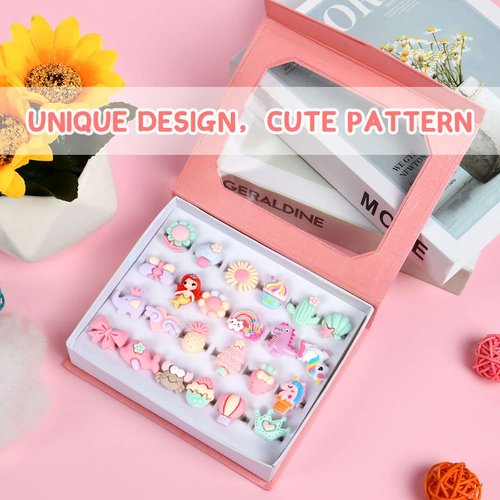 OSDUE 24 PCS Little Girl Adjustable Rings Toys, Duplicate-Free Boxed Play Rings for Kids, Girls Pretend Play and Dress Up Rings for Girls 3-12 Years Old Birthday Holiday Gifts