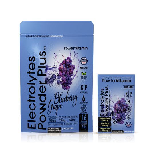 PowderVitamin Electrolytes Powder Plus, Keto, Blueberry Grape, Sugar Free, Pink Himalayan Salt, 1000mg Potassium, 120mg Calcium, 120mg Magnesium, Non-GMO, Zero Calories, (16 Hydration Packets)