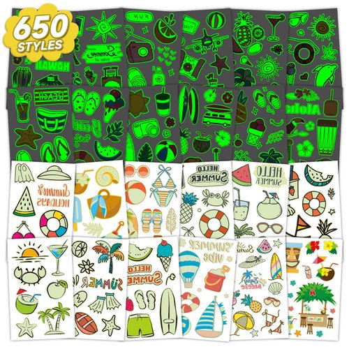 EMOME 650+ Styles Glow Hawaiian Luau Tropical Themed Temporary Tattoos for Kids, Beach Pool Party Supplies Favors Decorations, Waterproof Fake Tattoo Stickers for Girls Boys (56 Sheets)