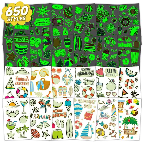 EMOME 650+ Styles Glow Hawaiian Luau Tropical Themed Temporary Tattoos for Kids, Beach Pool Party Supplies Favors Decorations, Waterproof Fake Tattoo Stickers for Girls Boys (56 Sheets)