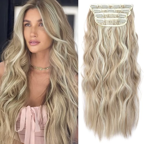 Clip in Natural Hair Extensions Long Wavy 4PCS Thick Hairpieces Dark Ash Blonde Mixed Bleach Blon...